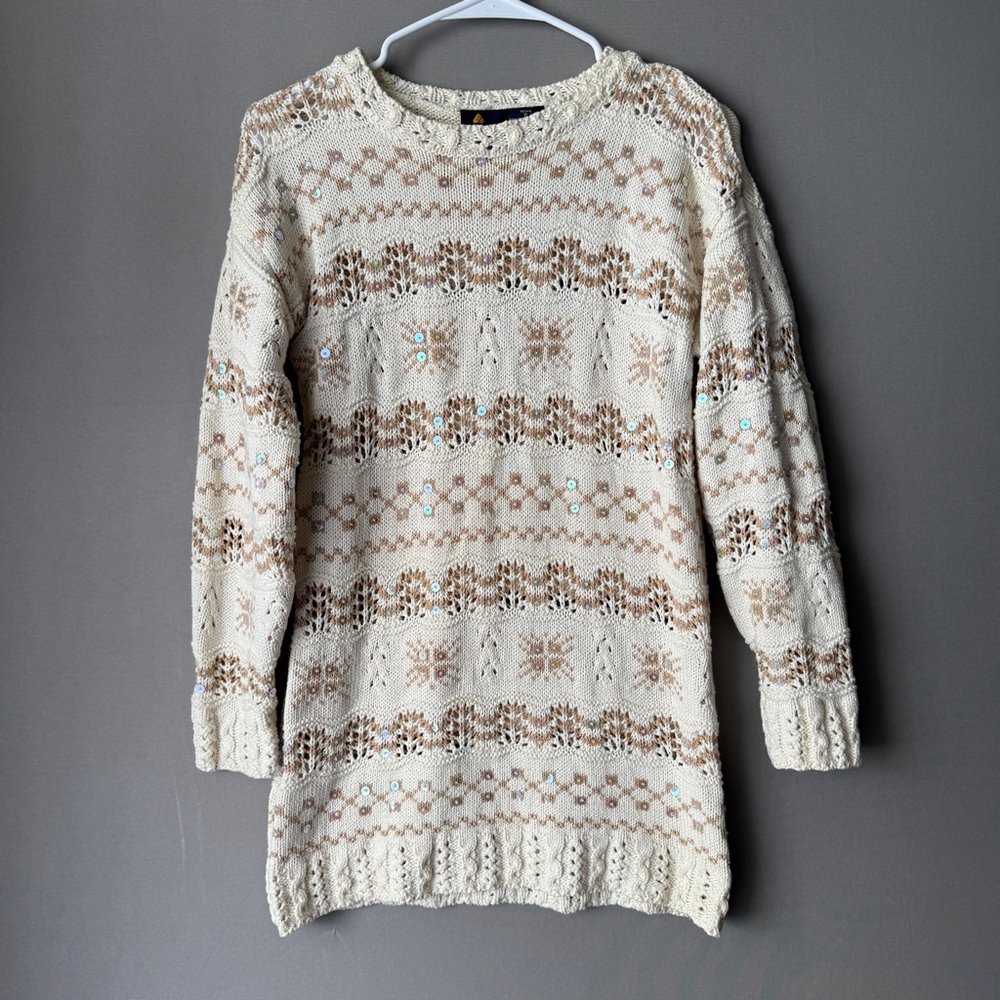 Lizsport Cotton Boho Grandma Sequin Open Knit Longline Sweater Petite P Cream